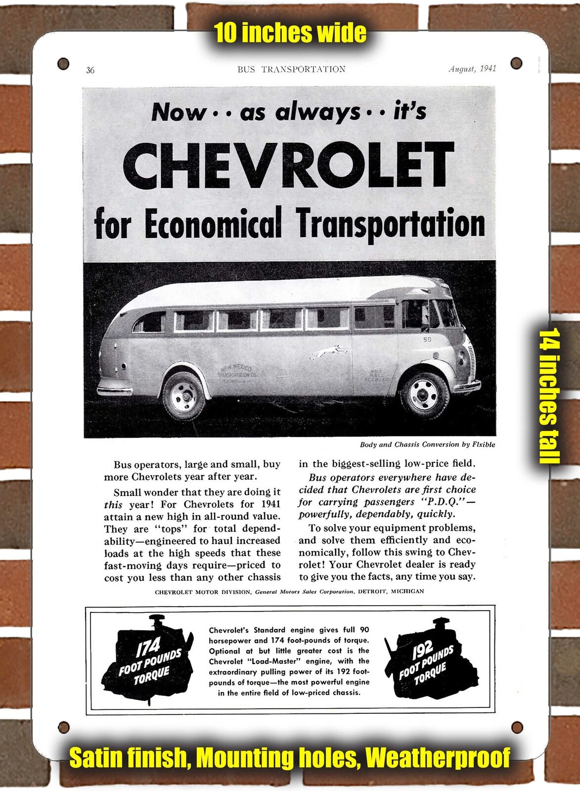 Metal Sign - 1941 Chevrolet Bus by Flxible- 10x14 inches