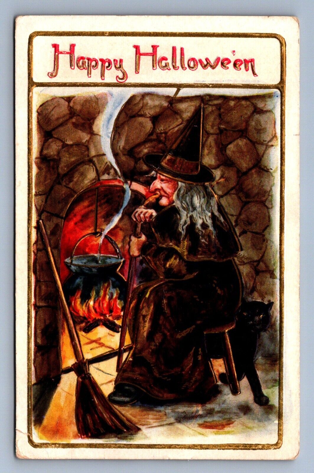 Postcard Vtg Happy Halloween Witch Black Cat Caldron