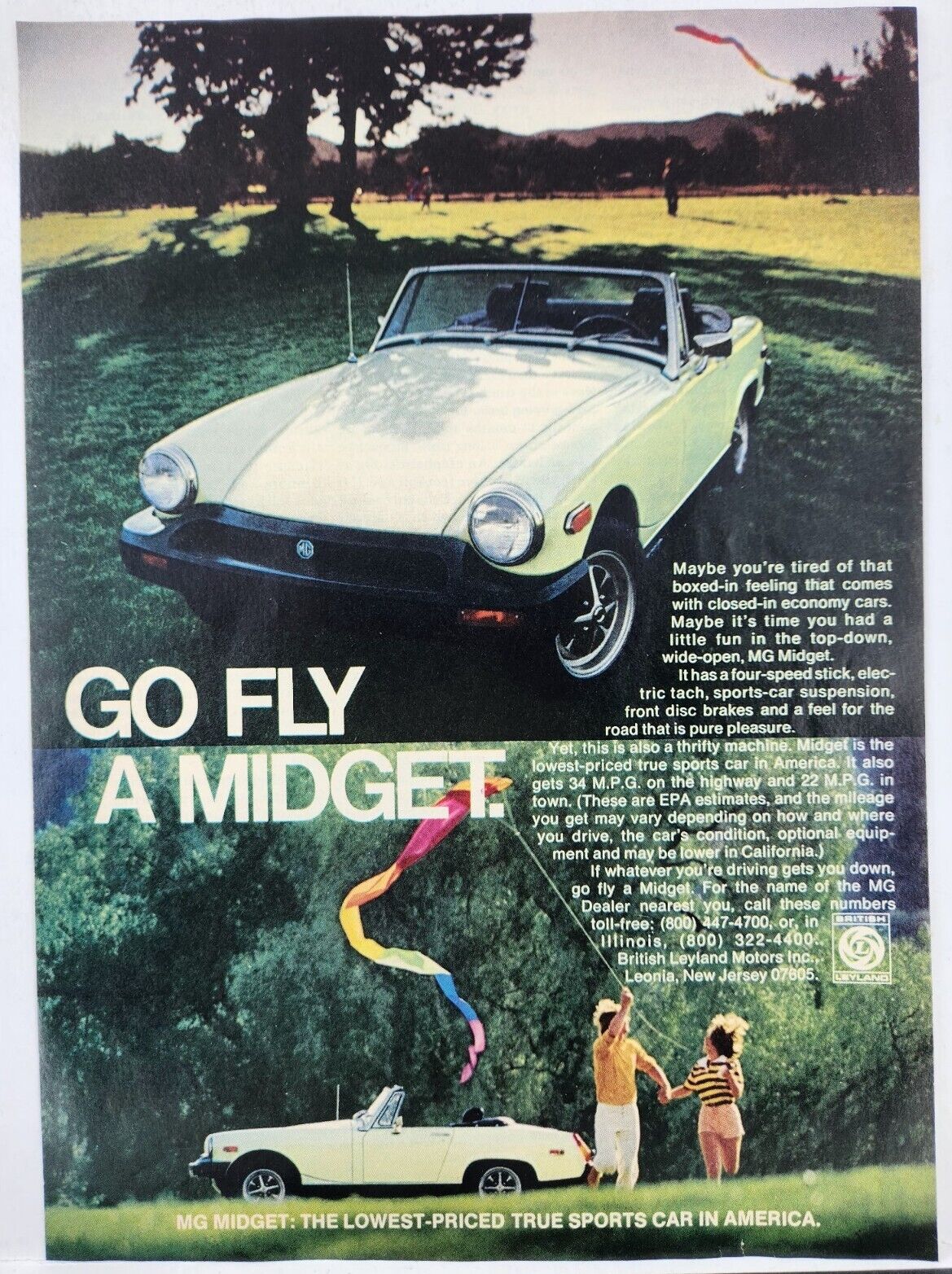 1977 MG Midget White Go Fly A Midget Vintage Print Ad Man Cave Art Deco Poster