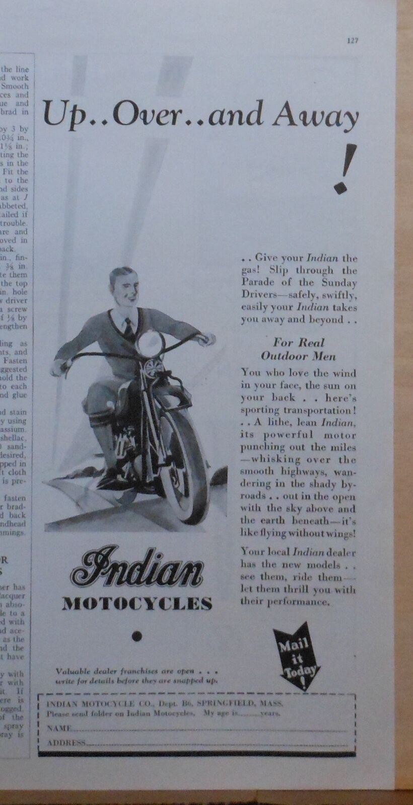 1931 magazine ad for Indian Motorcycles - Up Over and Away, For Real Outdoor Men