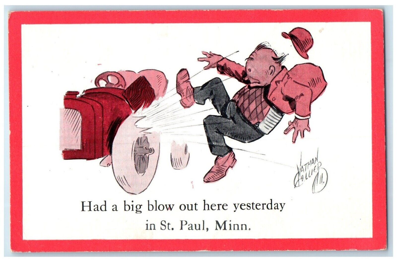 c1910 Had Big Blow Out Yesterday Tire Explode St. Paul Minnesota Humor Postcard