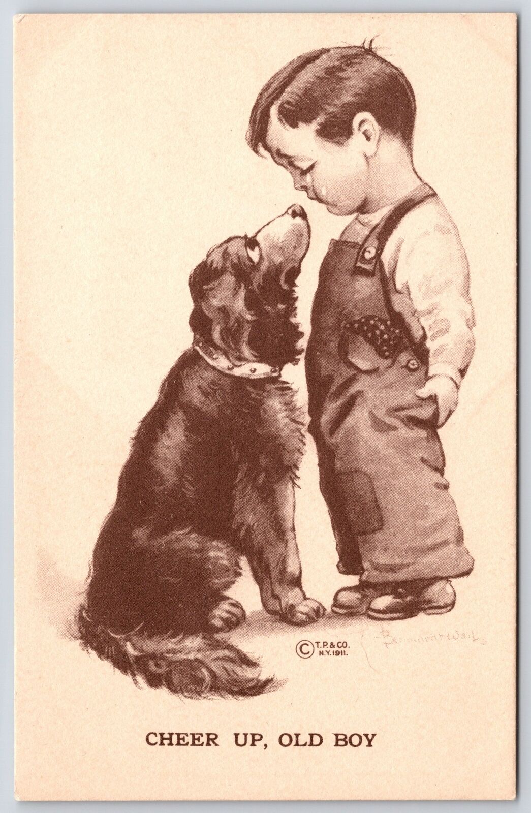 Cheer Up Old Boy Cute Dog Comforts The Crying Little Baby Comic Postcard