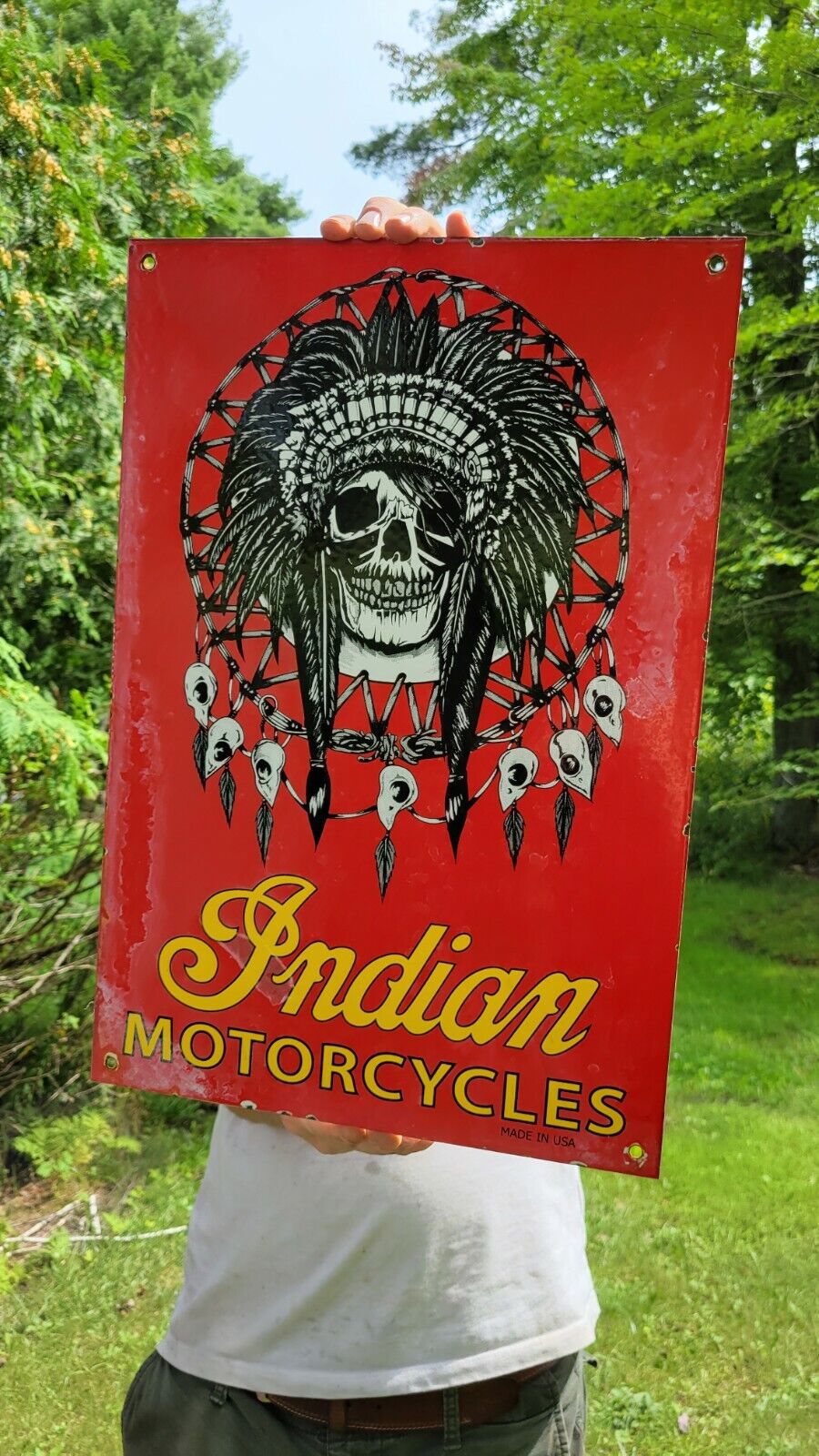 VINTAGE INDIAN MOTORCYCLES MOTORCYCLE BIKE PORCELAIN ENAMEL GAS STATION SIGN