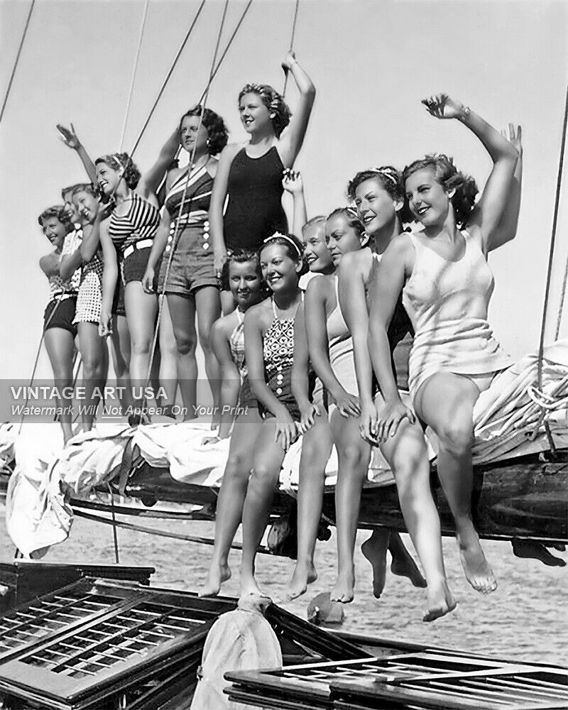1934 Vintage Photo Girls in Bathing Suits on Sail Boat Beautiful Print Swimsuits