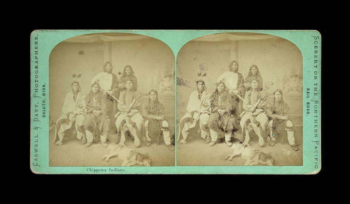 Rare Antique Stereoview  Photo Chippewa Indian Group with Wolf 1800s