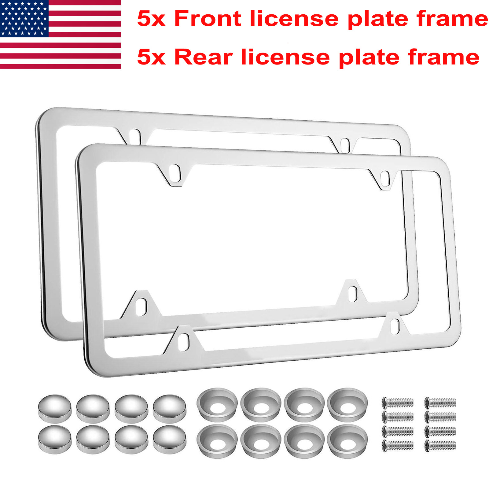 10Pcs Chrome Stainless Steel Metal License Plate Frame Tag Cover With Screw Caps