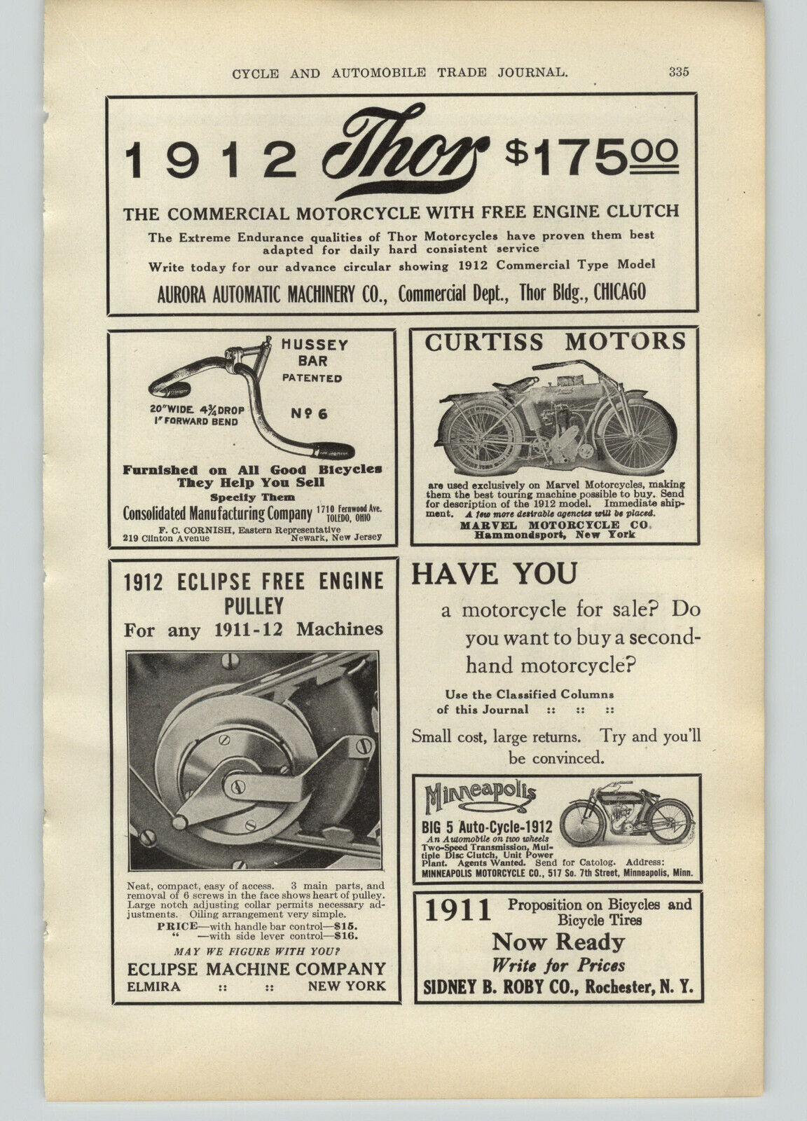 1911 PAPER AD 1912 Thor $175 Curtiss Minneapolis Motorcycle Hussey Handle Bar