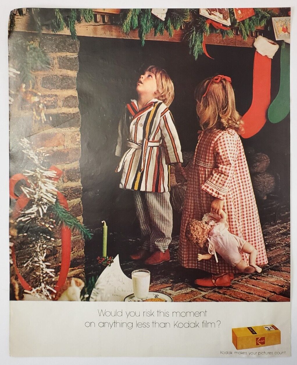 1972 Kodak Film Vintage Print Ad Children Looking Up Chimney For Santa Christmas