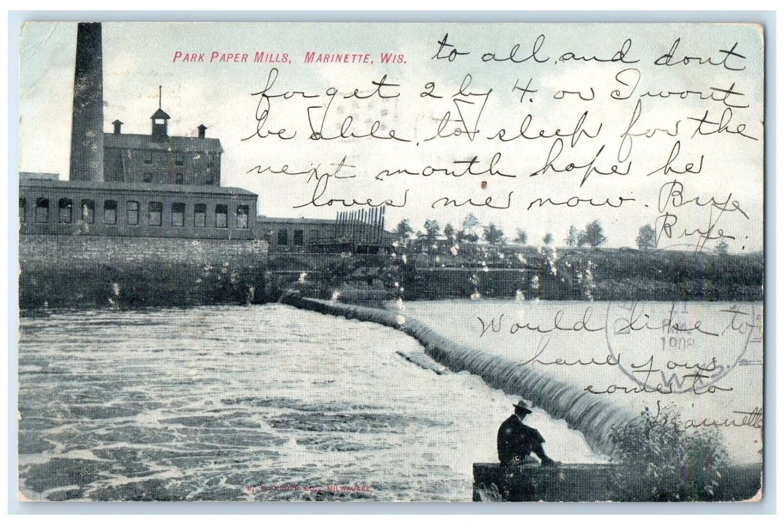 1908 Park Paper Mills River Lake Exterior Building Marinette Wisconsin Postcard