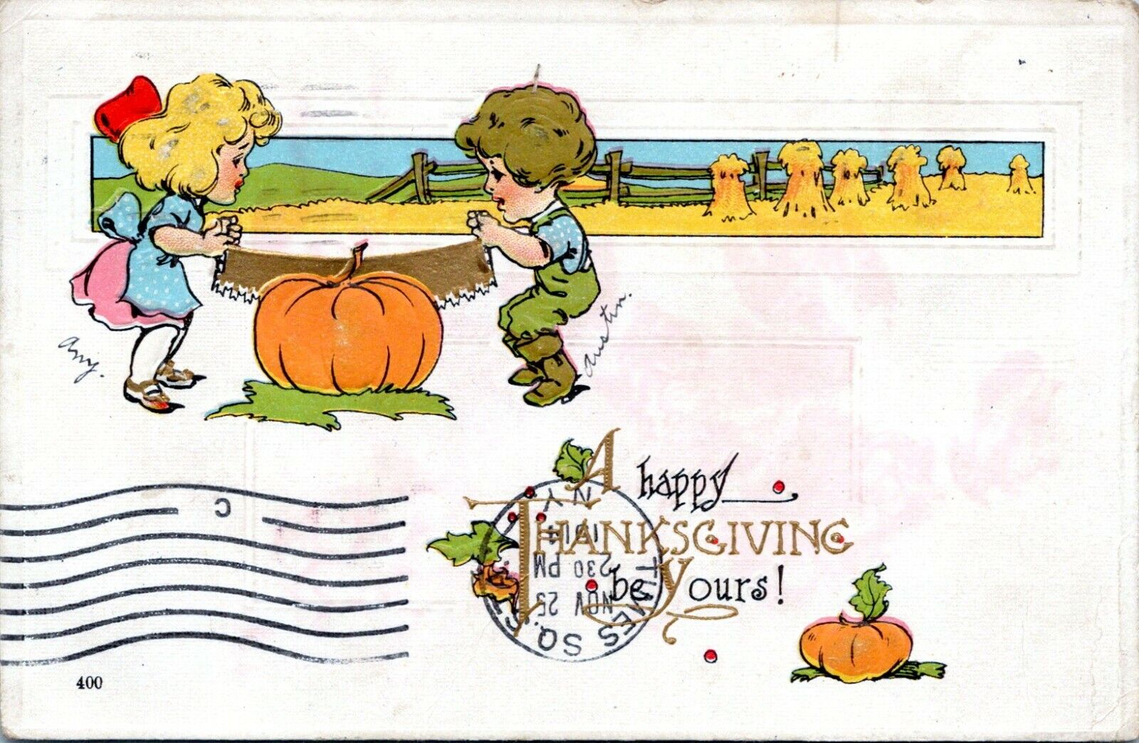 Thanksgiving Postcard Pretty Girl Boy Sawing Pumpkin Misery Whip 1913 JF
