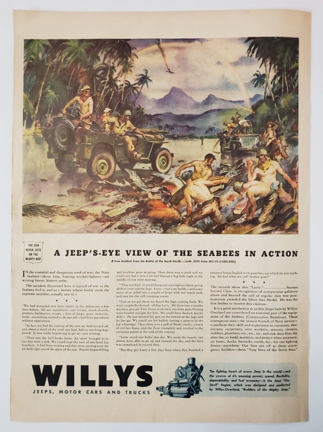 1944 Willys Jeeps Motor Car Trucks Vintage Print Ad Military Men Shirtless