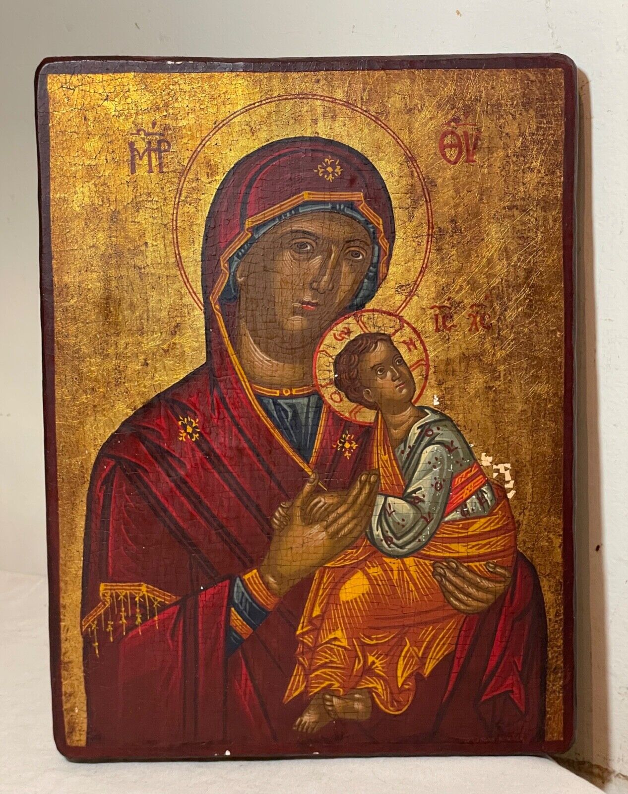 Vintage original hand painted gilded Religious Russian icon Mary Jesus painting