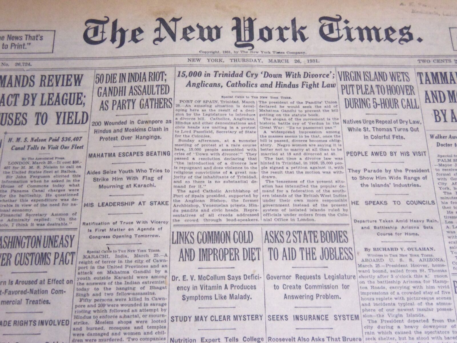 1931 MARCH 26 NEW YORK TIMES - 50 DIE IN INDIA RIOT GANDHI ASSAULTED - NT 6674