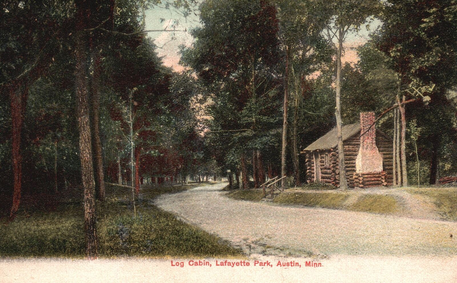 Vintage Postcard Log Cabin Lafayette Park Austin Minnesota MN C. A. Pooler Pub.