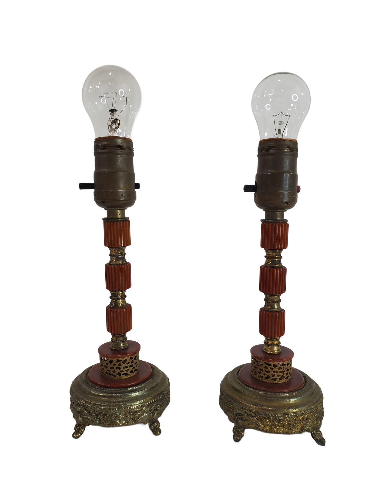 1920s Brass Filigree and Butterscotch Bakelite Boudoir Table Lamp Pair