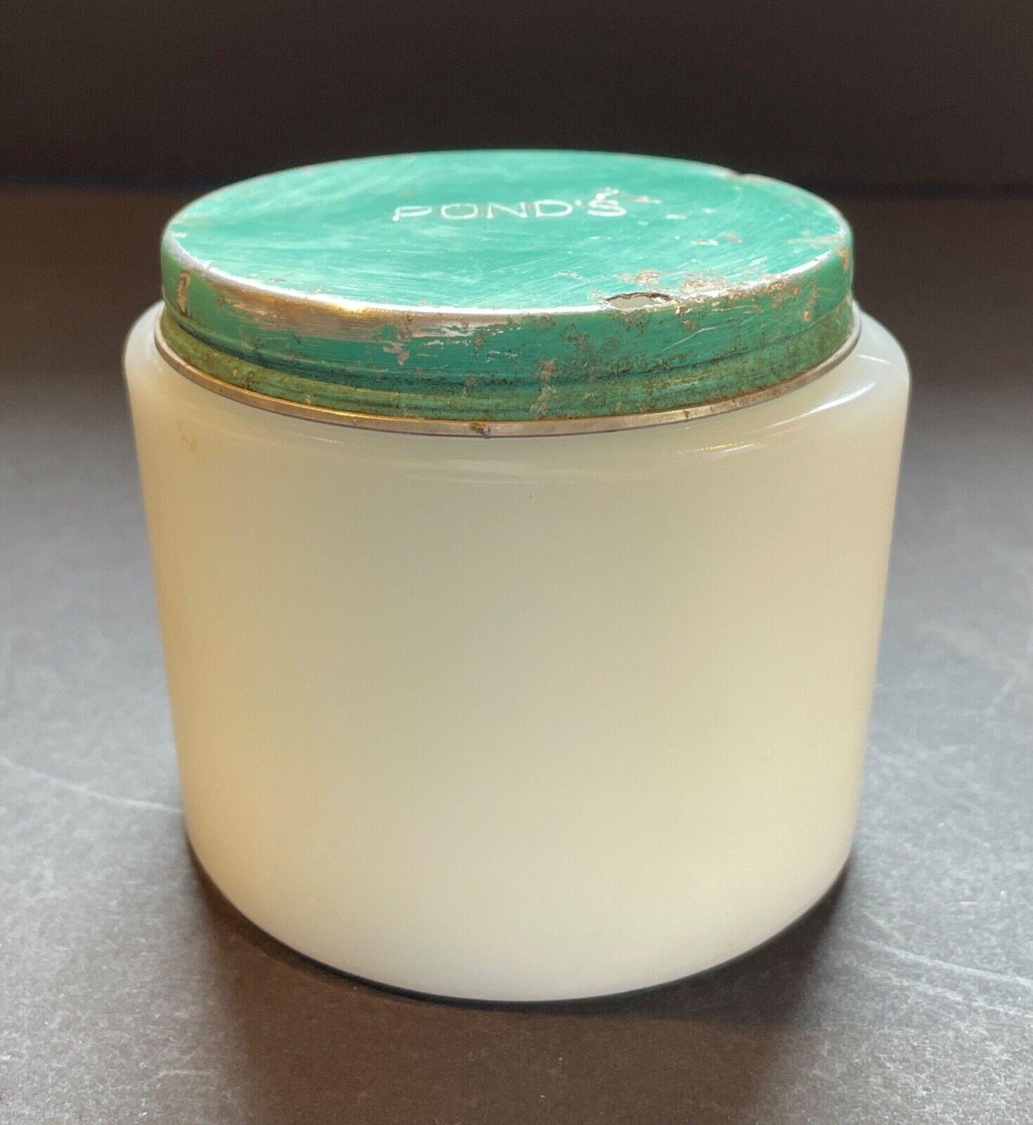 Vintage PONDS Cold Cream Milk Glass Jar w/ Turquoise Green Aluminum Lid