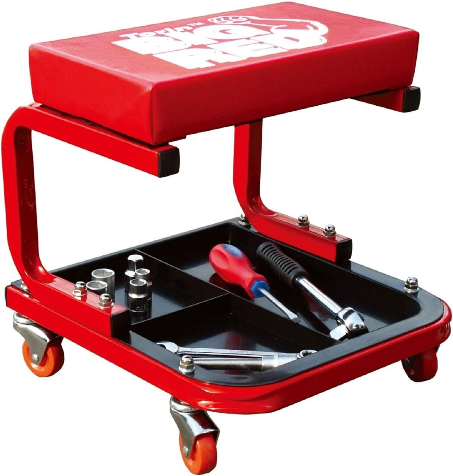 Red Rolling Creeper Garage/Shop Seat: Padded Mechanic Stool with Tool Tray Large