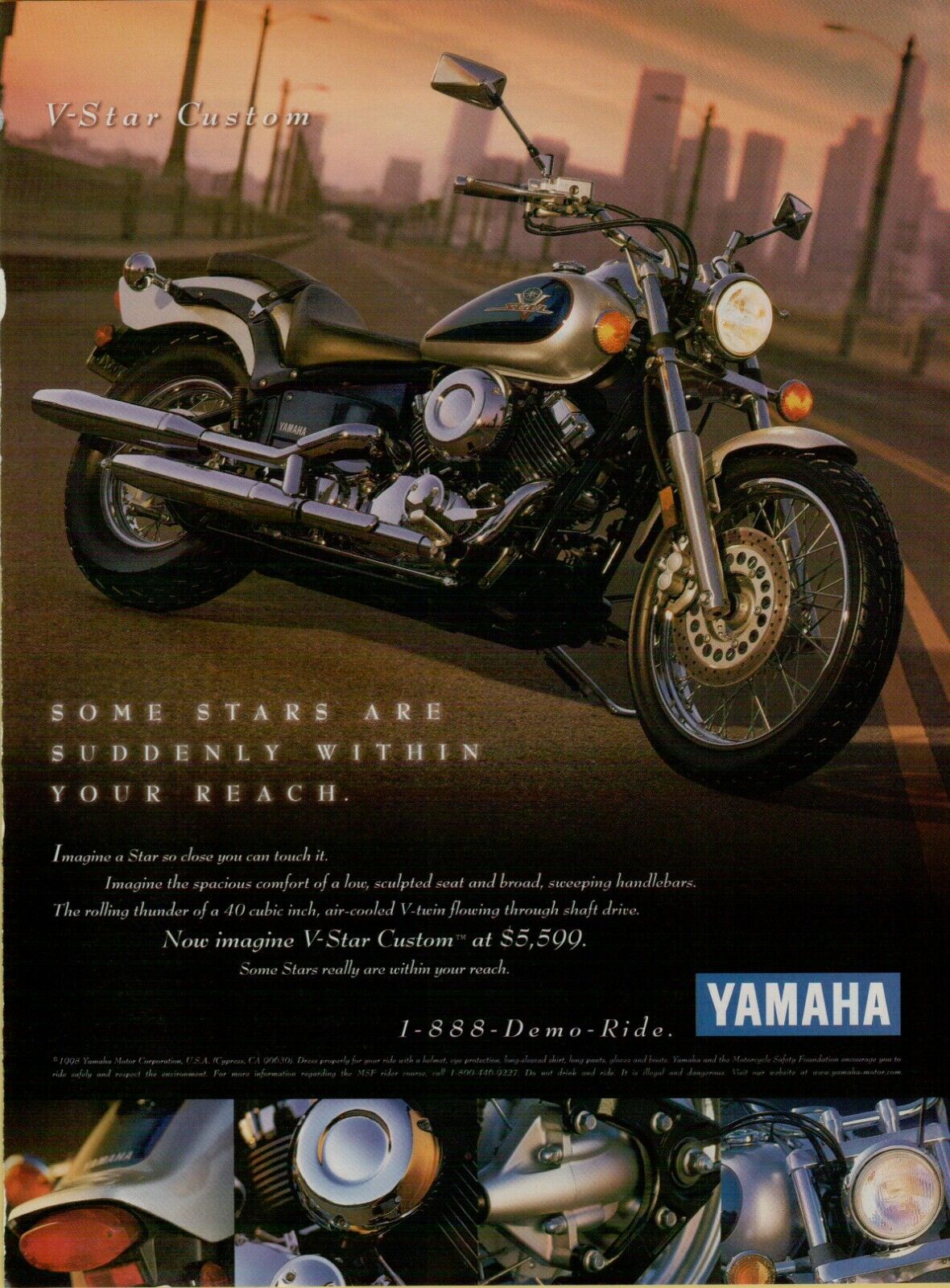 1998 Yamaha V-star Custom Motorcycle City Photo Black Gold Bike Vintage Print Ad