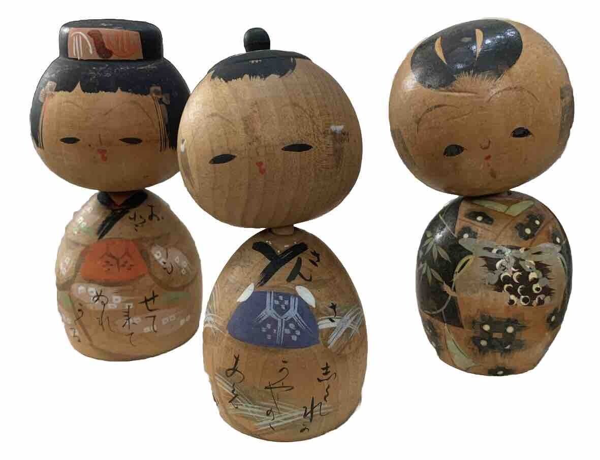 Japanese Kokeshi Trio Wooden Hand Painted Signed Vintage Happy Family