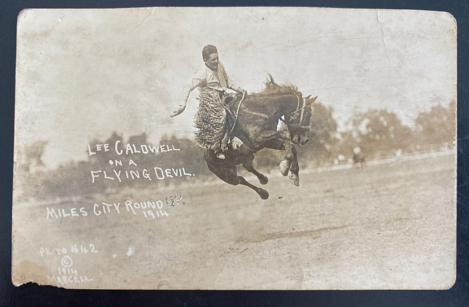 Mint USA RPPC Postcard Lee Caldwell On A Flying Devil Miles City Round 1914 Rode