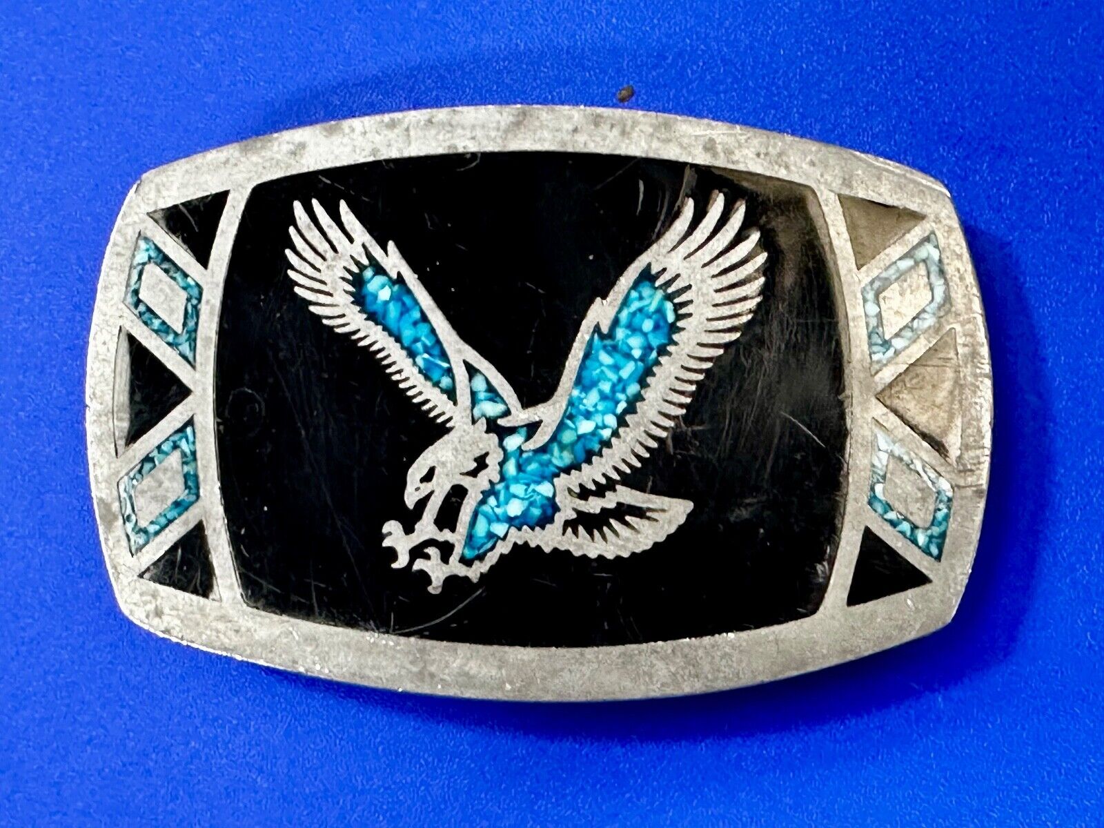 Flying Bald Eagle Turquoise Chip Inlaid Black Silver Color Western Belt Buckle