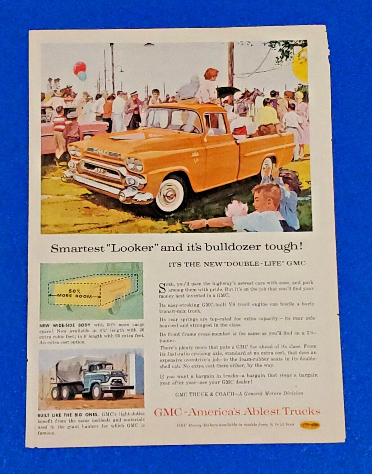 1958 GMC V8 TRUCK ORIGINAL COLOR PRINT AD SHIPS FREE GM CLASSIC (LOT ORANGE)
