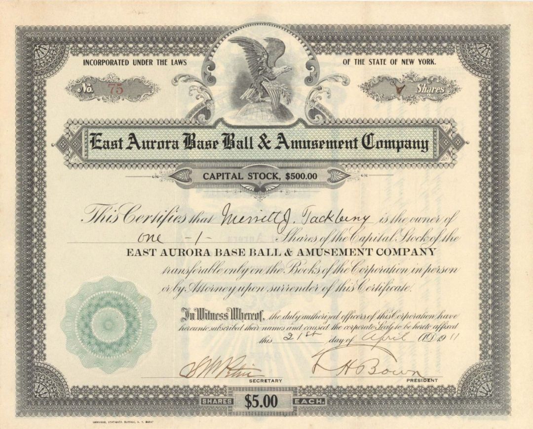 East Aurora Base Ball and Amusement Co. - Stock Certificate - Sports Stocks & Bo