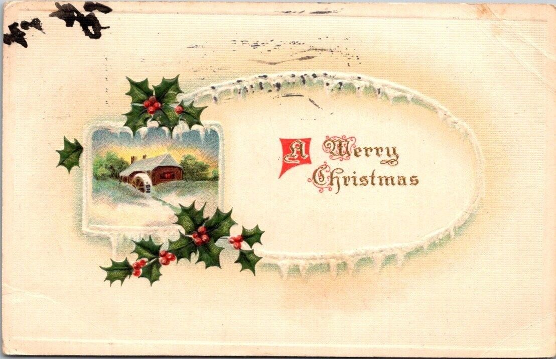 1915 Posted A Merry Christmas Holly Leaves Embossed Antique Postcard B16