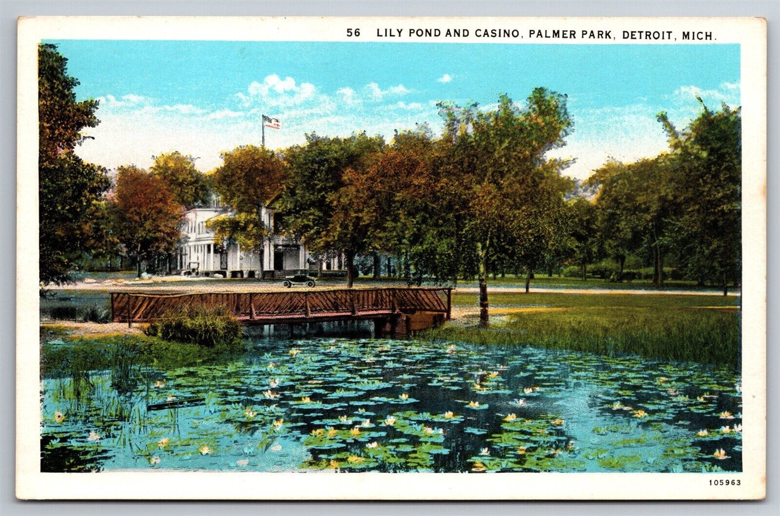 Casino & Lily Pond Palmer Park Wooden Bridge Flag Detroit MI C1930 Postcard H6