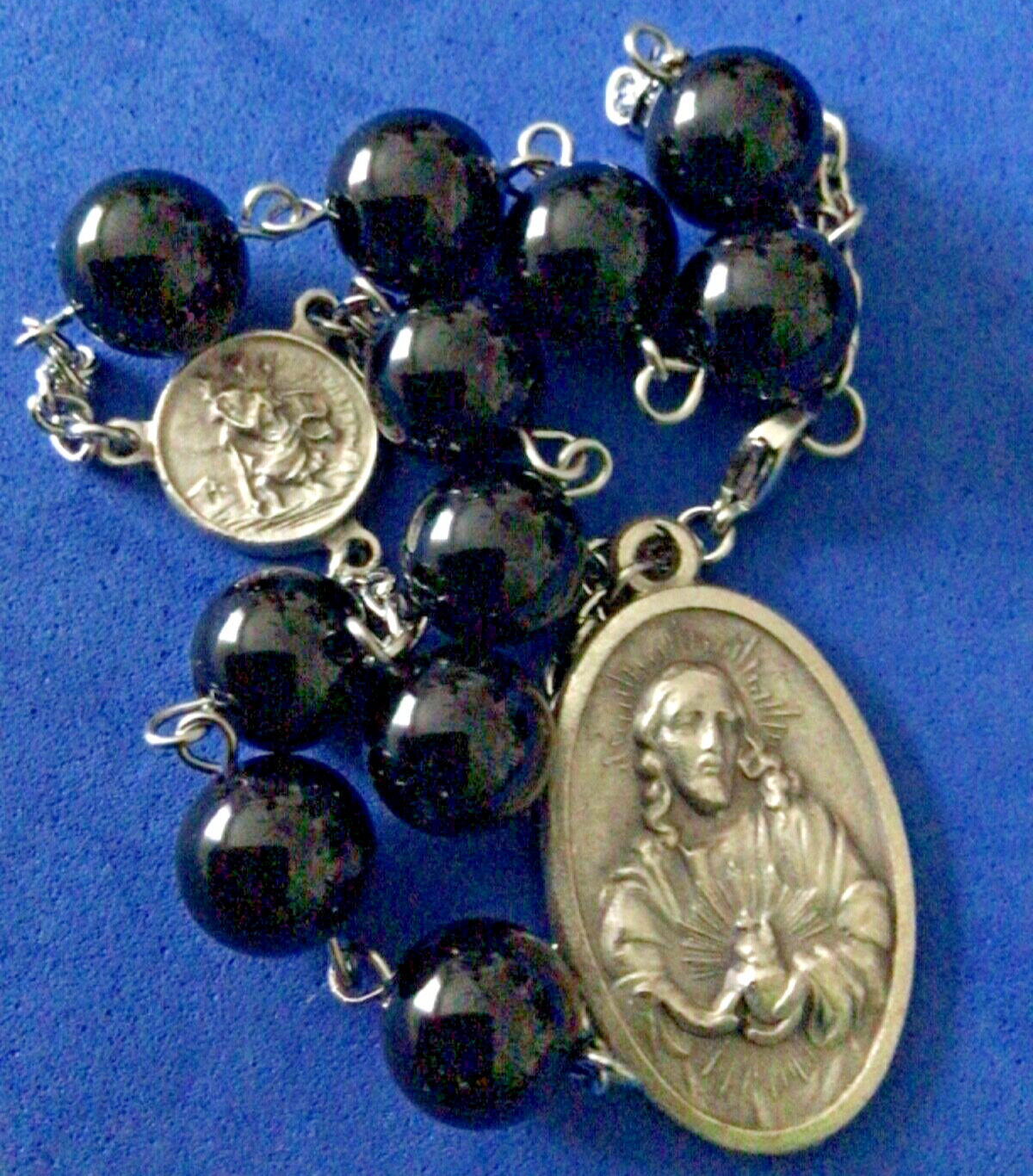 Onyx Auto Rosary 10mm Sacred Heart of Jesus St Christopher Saint Chaplet