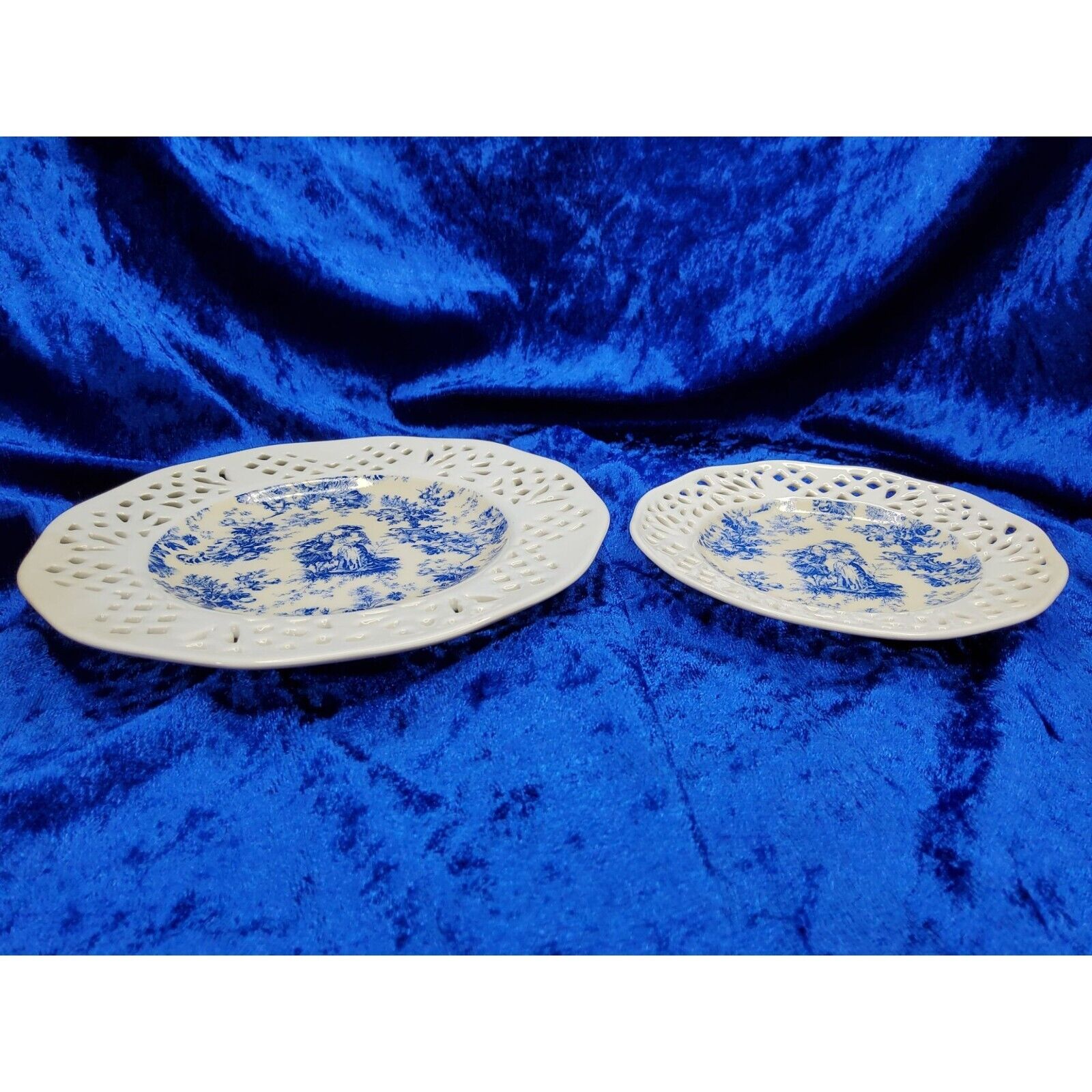 vintage set of 2 porcelain blue victorian themed lattice style decor tea and cru