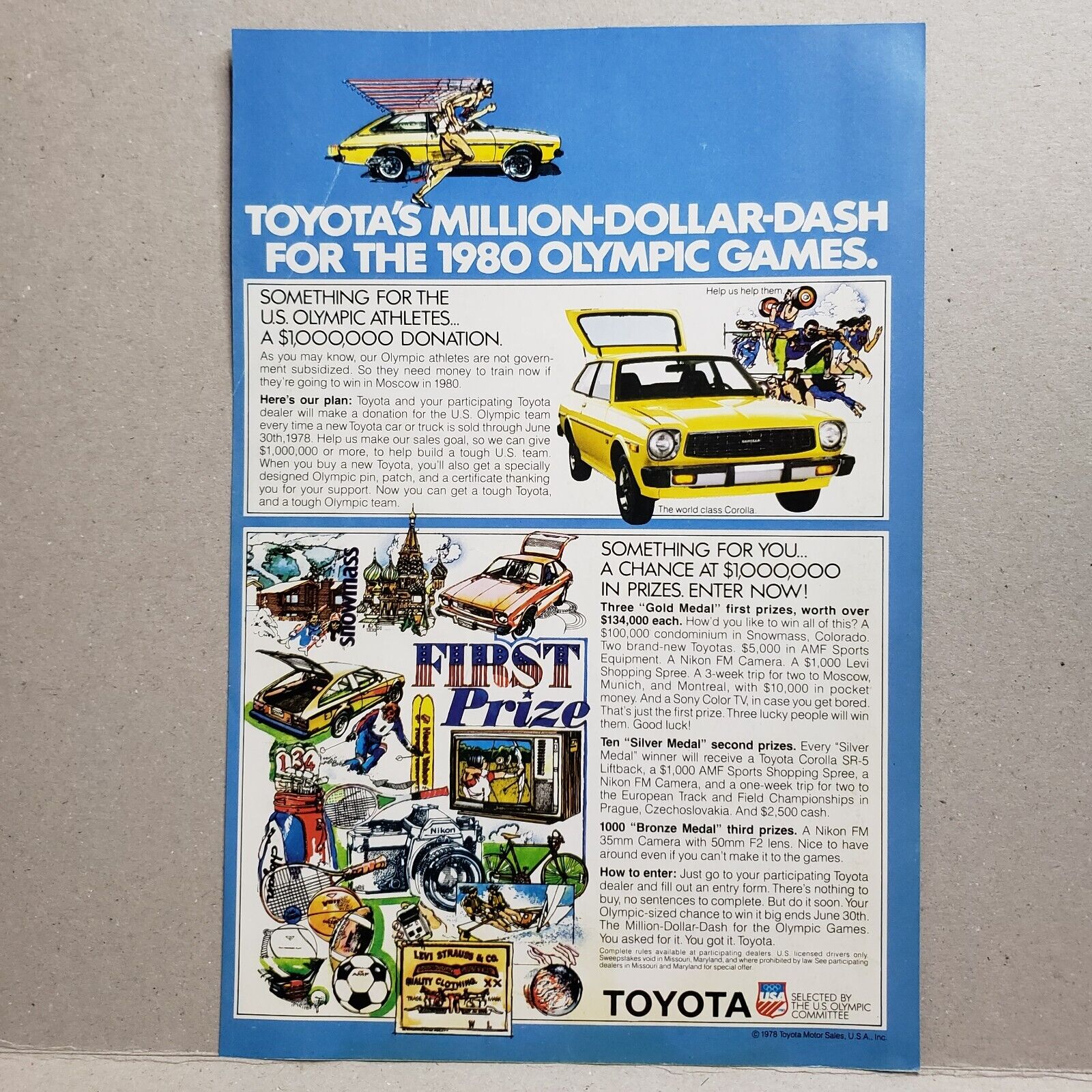 1978 Toyota Print Ad Million Dollar Dash for 1980 Olympics Vintage Prizes