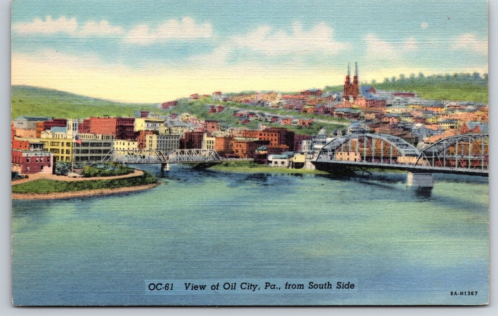Oil City Pennsylvania PA 1938 South Side View CURT TEICH Linen Postcard