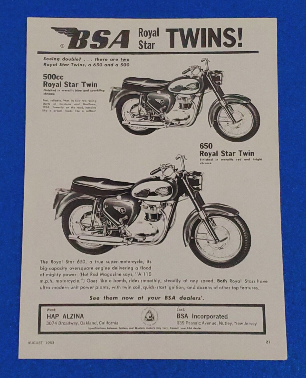 1963 BSA ROYAL STAR TWINS MOTORCYCLE ORIGINAL PRINT AD 500cc & 650cc SHIPS FREE