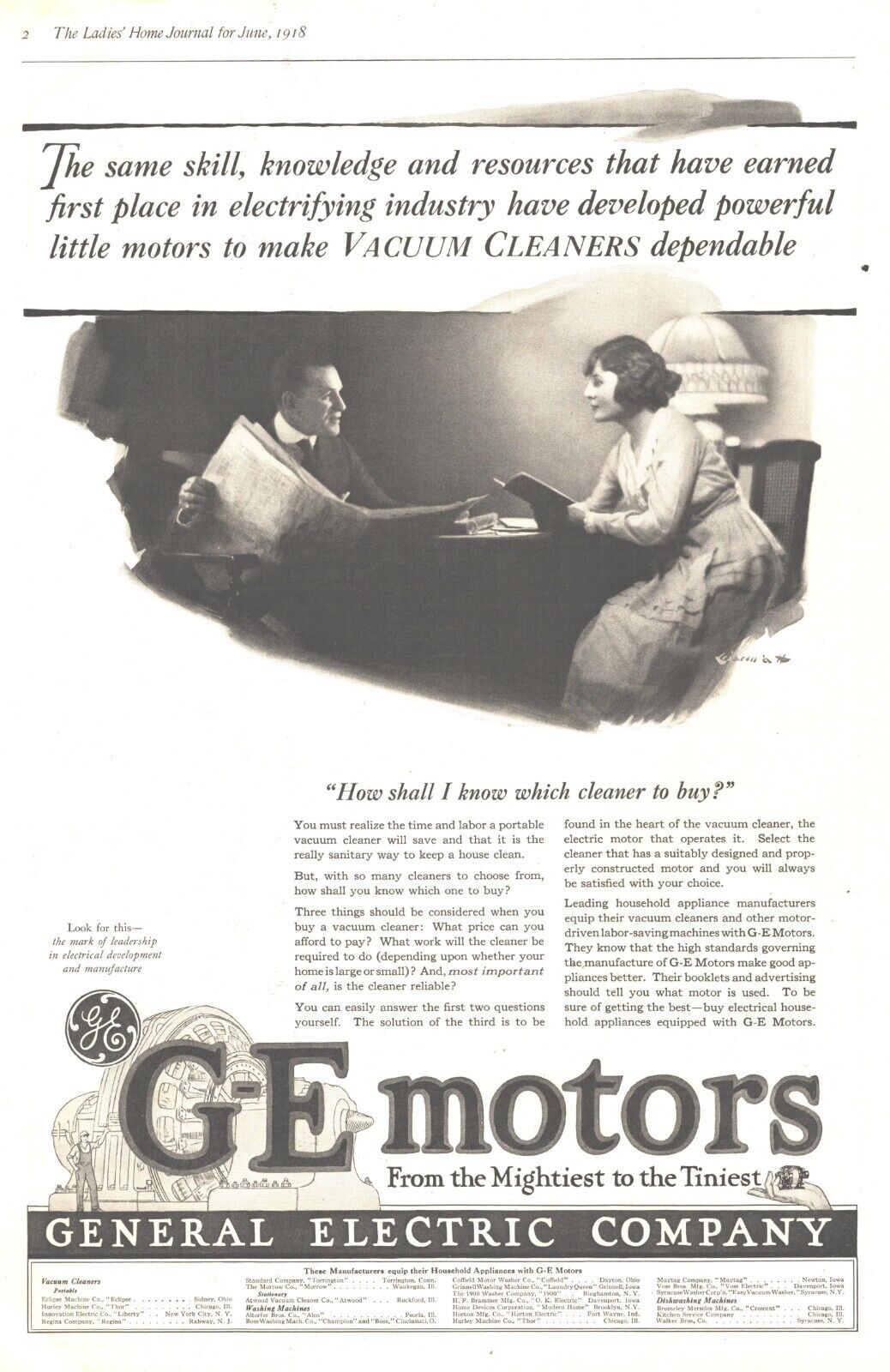 1918 General Electric Motors Antique Print Ad WW1 Era From Mightiest To Tiniest