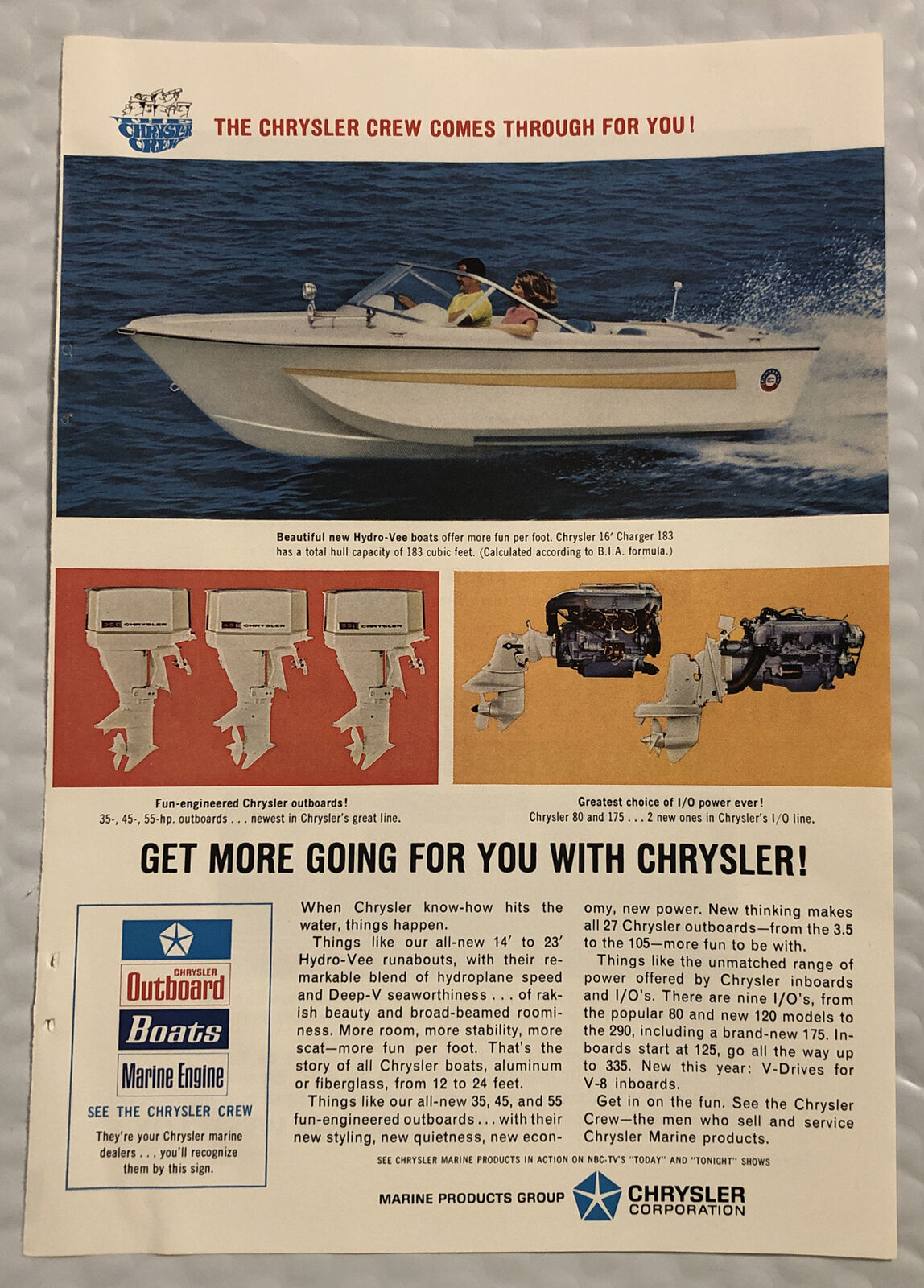 Vintage 1967 Chrysler Outboard Original Print Ad Full Page - Get More Going