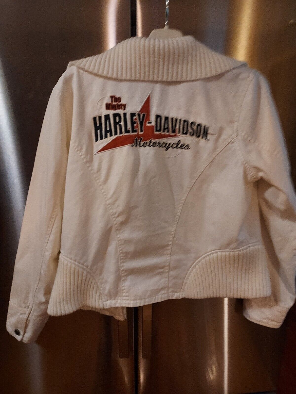 Harley Davidson Embroidered Ivory Denim Jacket Motorcycle Women’s Large Top EXC.