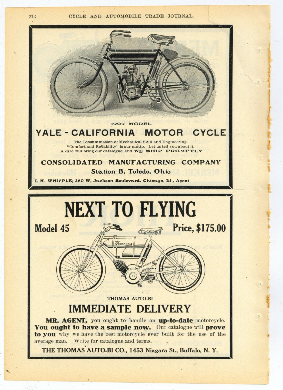 1907 Motorcycle Ads: F&B of Page - Yale California, Thomas Auto-Bi, Merkel, Thor