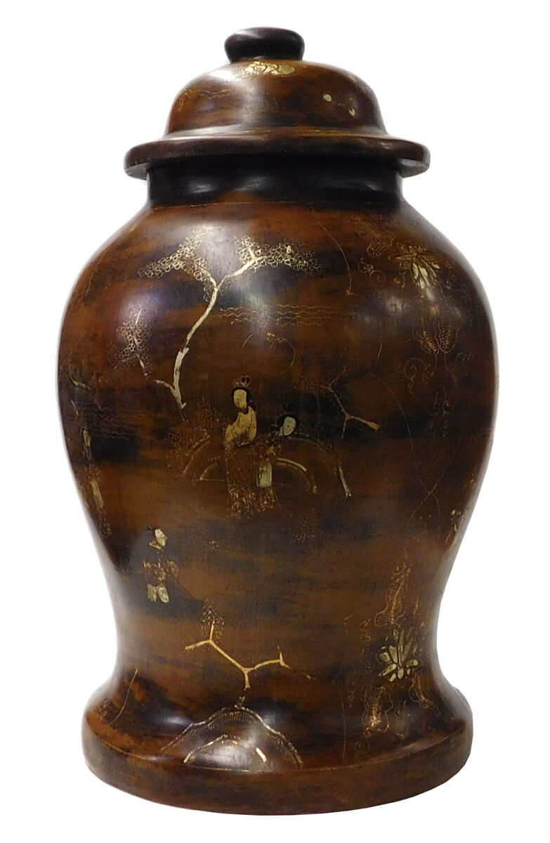 Chinese Distressed Brown Lacquer Golden Scenery Fat Jar cs1952