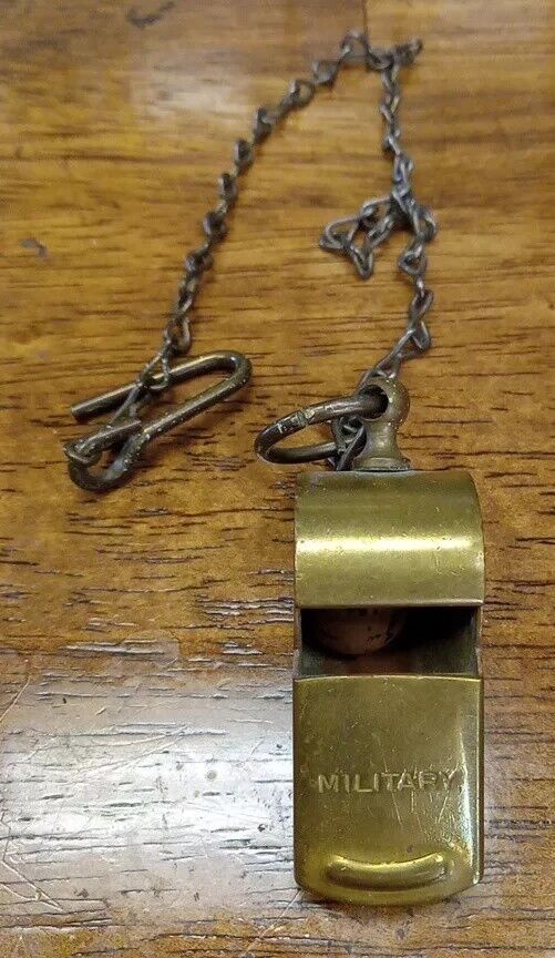 Vintage WWII Era Military MP Parade Brass Whistle w/ Chain and Clip LOUD
