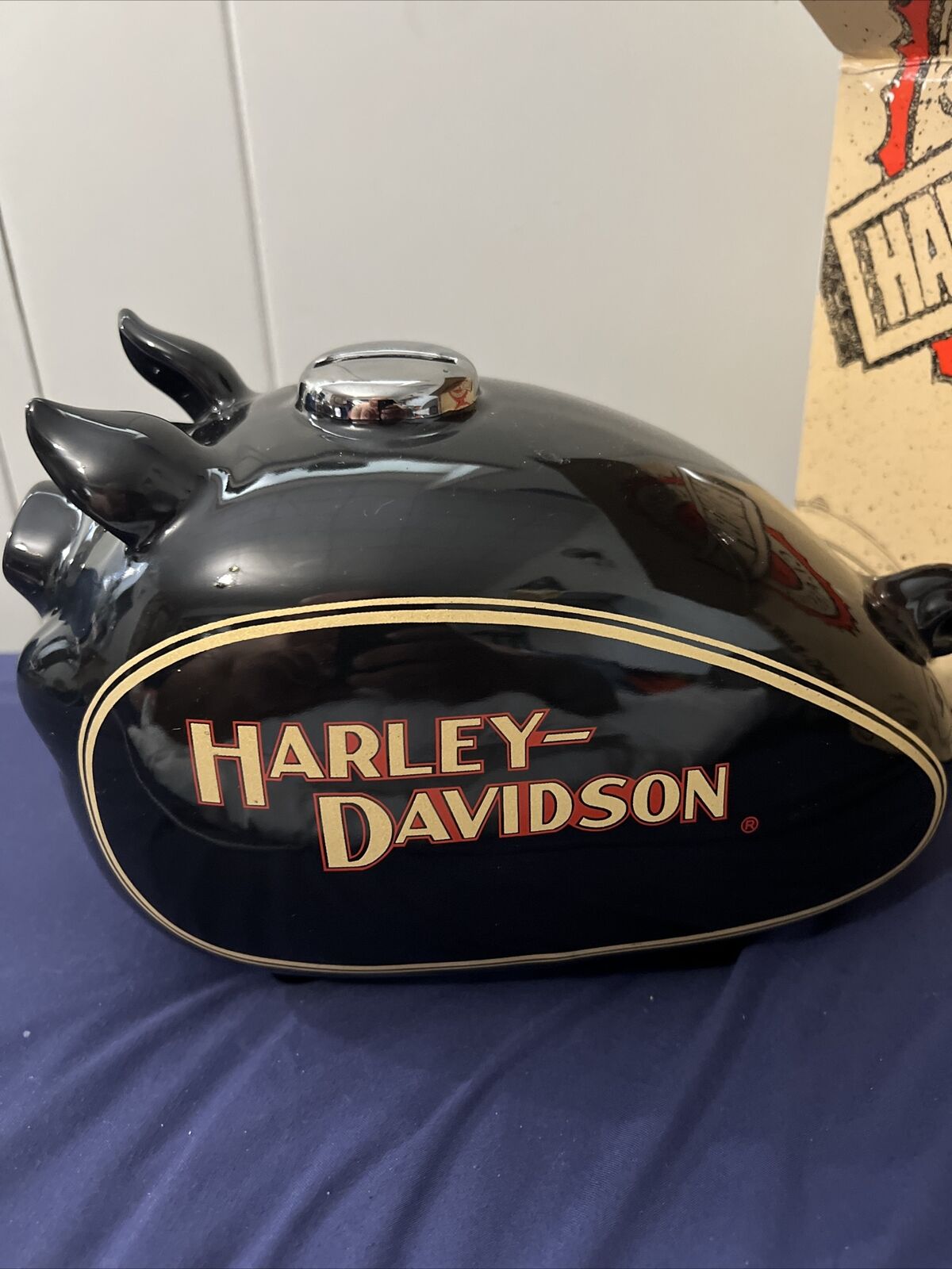 Harley Davidson Large HOG Piggy Bank Gas Tank Gold Cap Black Logo 2002