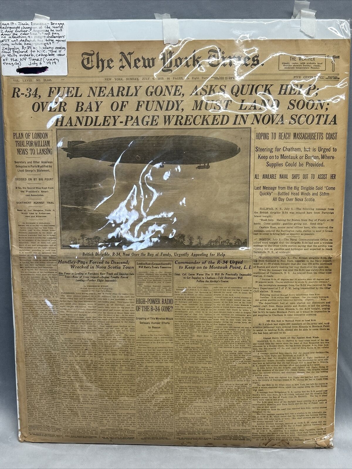 New York Times July 6th 1919 Newspaper Jack Dempsey Heavyweight Champion R-34