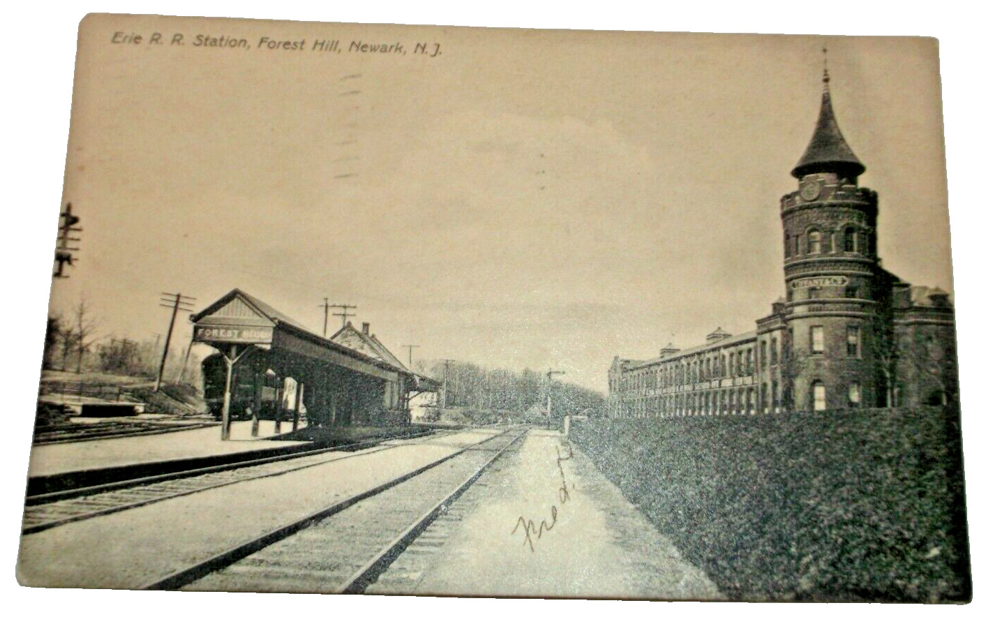 1907 ERIE RAILROAD FOREST HILL STATION NEWARK NEW JERSEY DEPOT USED POST CARD