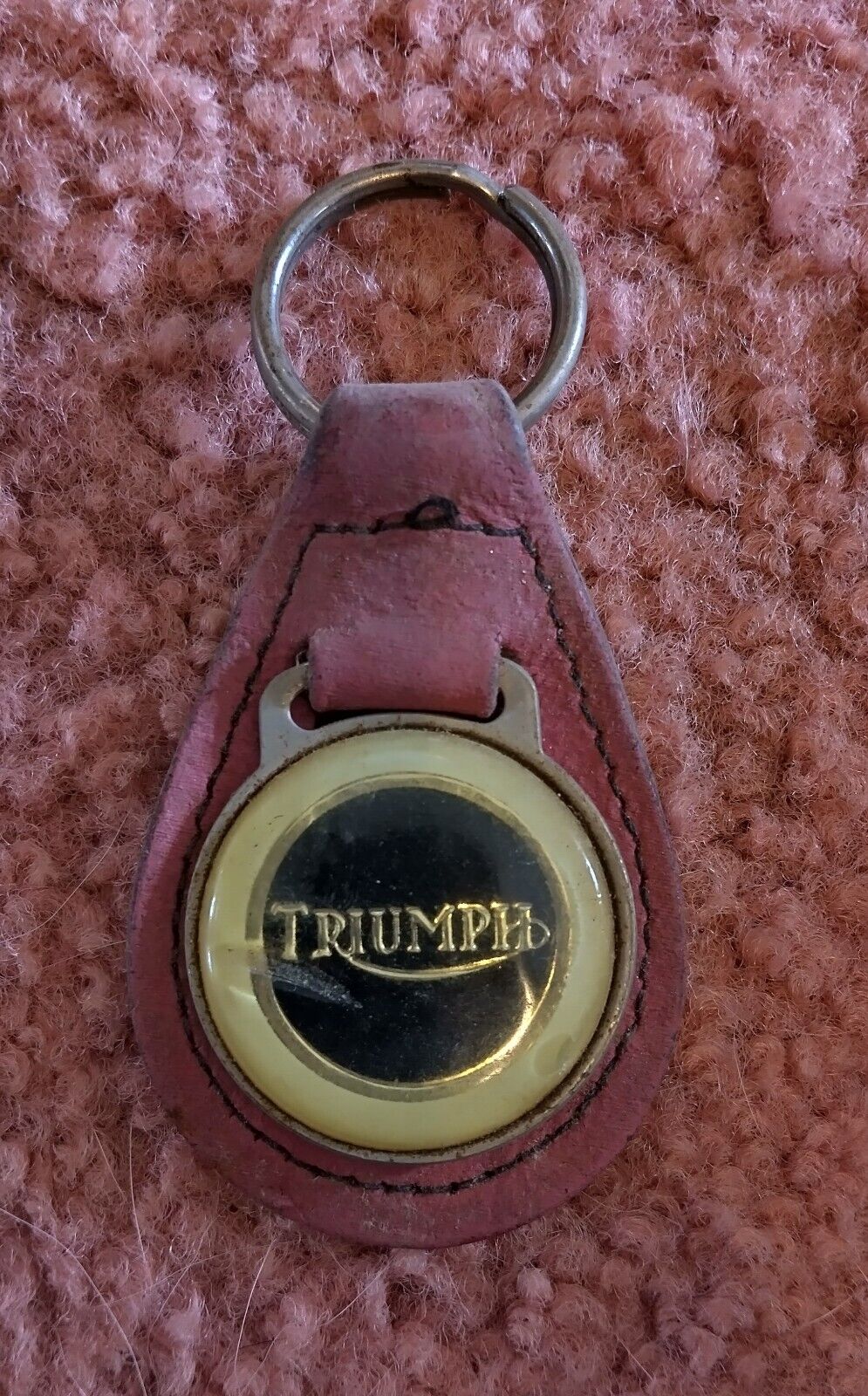 Vintage Triumph Red Faded To Pink Leather And Metal Keychain Black Silver White