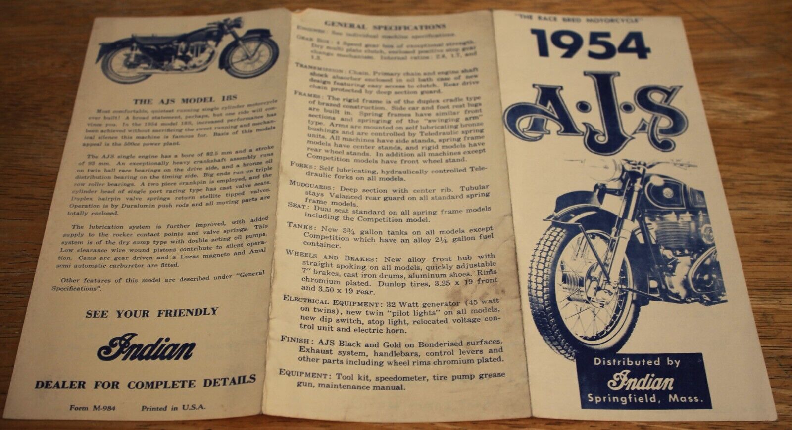 Original 1954 Indian AJS Motorcycle Brochure Models 18 18S 18CS 20