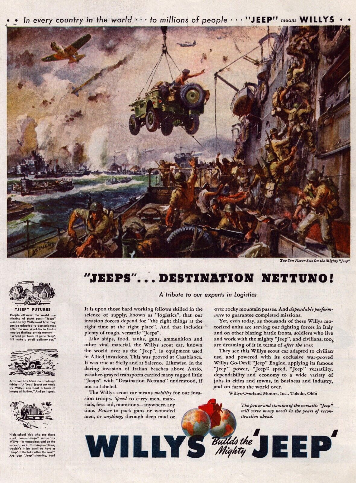 1944 Willy\'s Jeep Print Ad Destination Nettuno Italian Beaches US Armed Forces