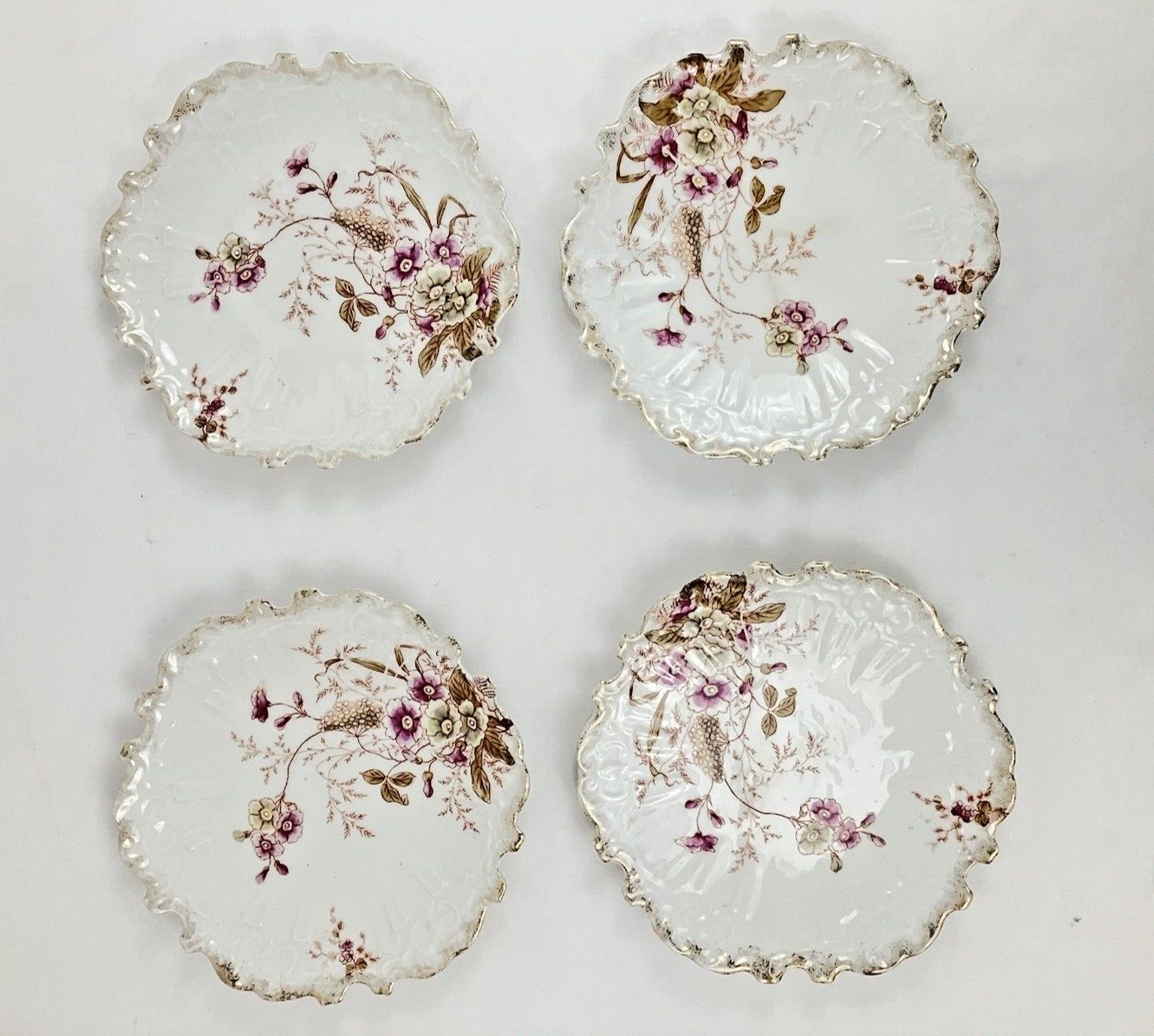Set of 4 Vintage Porcelain Plate 7 3/4” Scalloped Edge Flowers