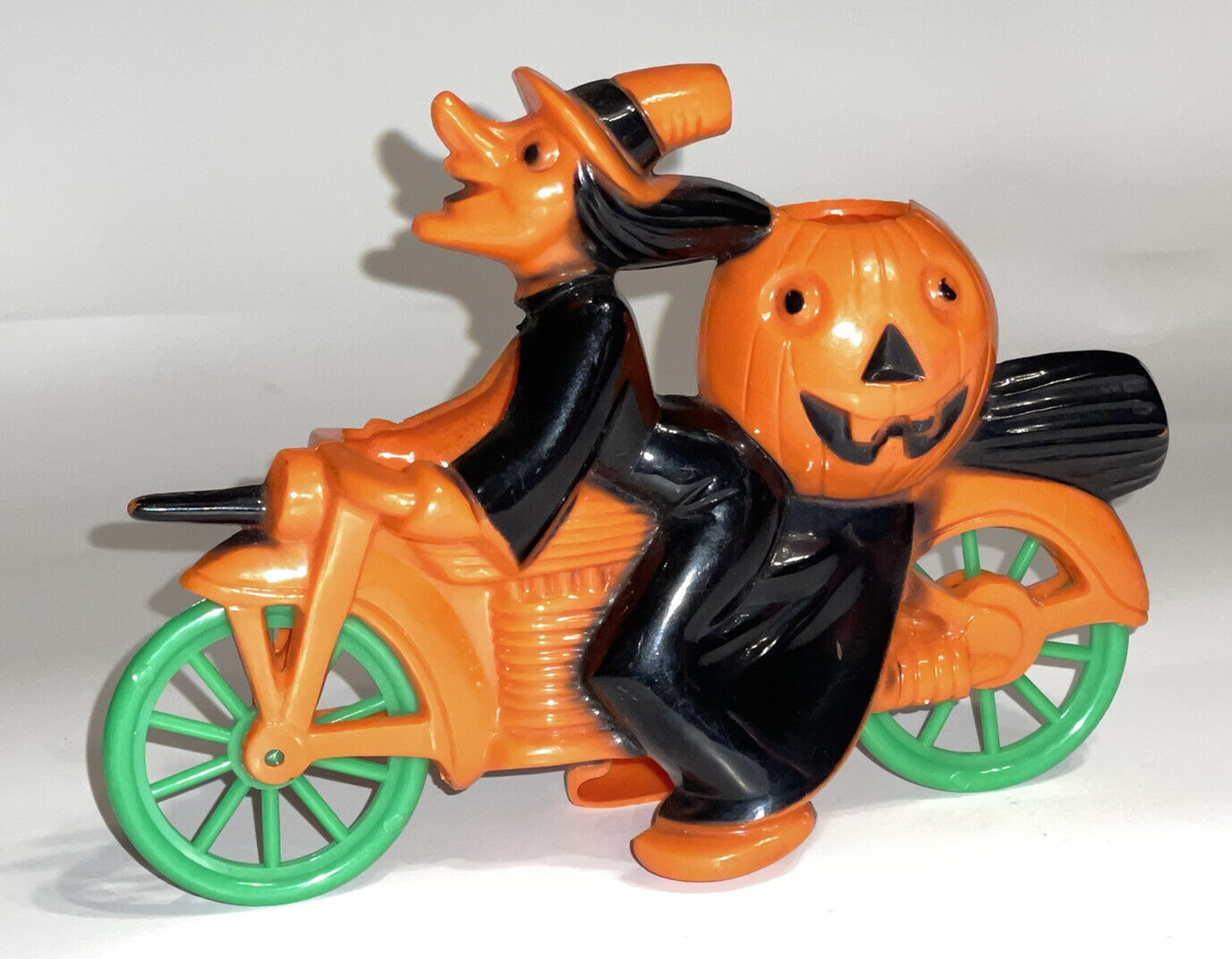 Vintage Rosbro Witch & Pumpkin on Motorcycle Broom Orange & Black Plastic Candy
