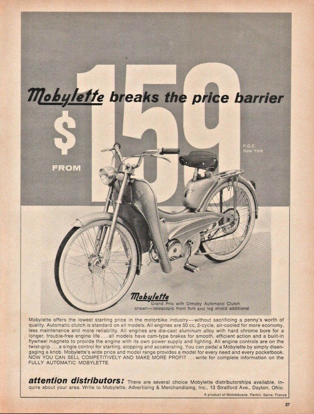1965 Mobylette Grand Prix With Dimoby Automatic Clutch - Vintage Motorcycle Ad