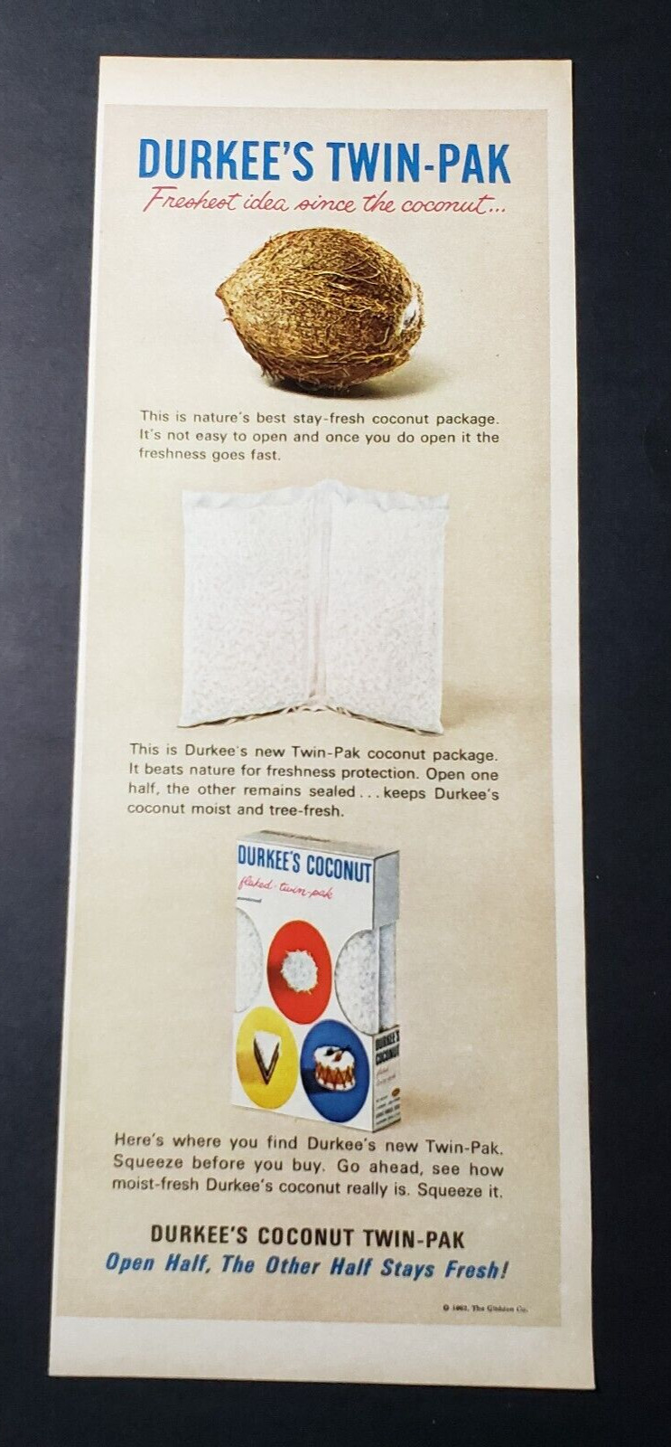 1962 Print Ad Durkee\'s Coconut Twin-Pack Open Half Other Half Keeps Fresh